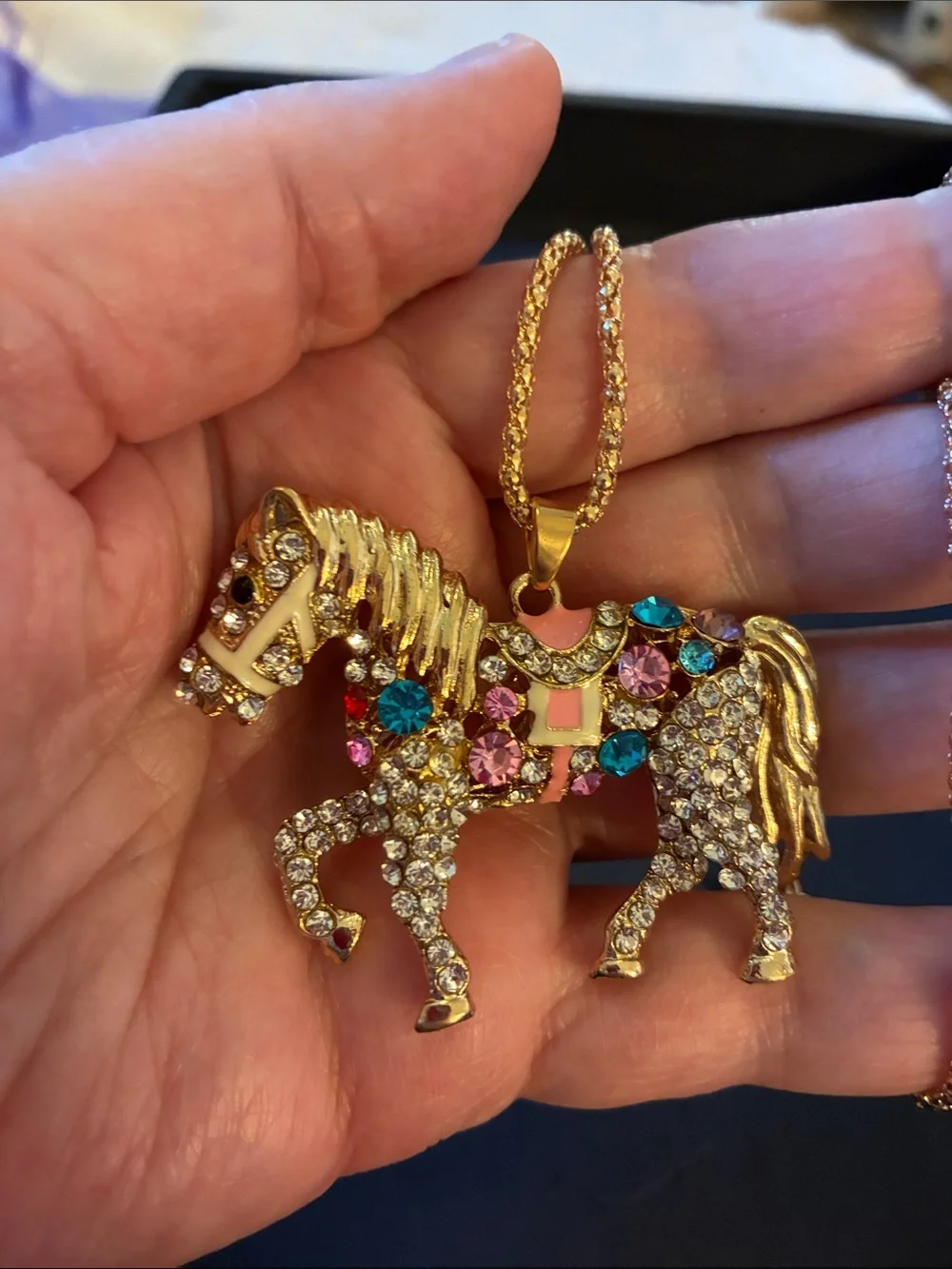 Gold-Tone Multicolor Crystal Horse Pendant Necklace with moveable tail.